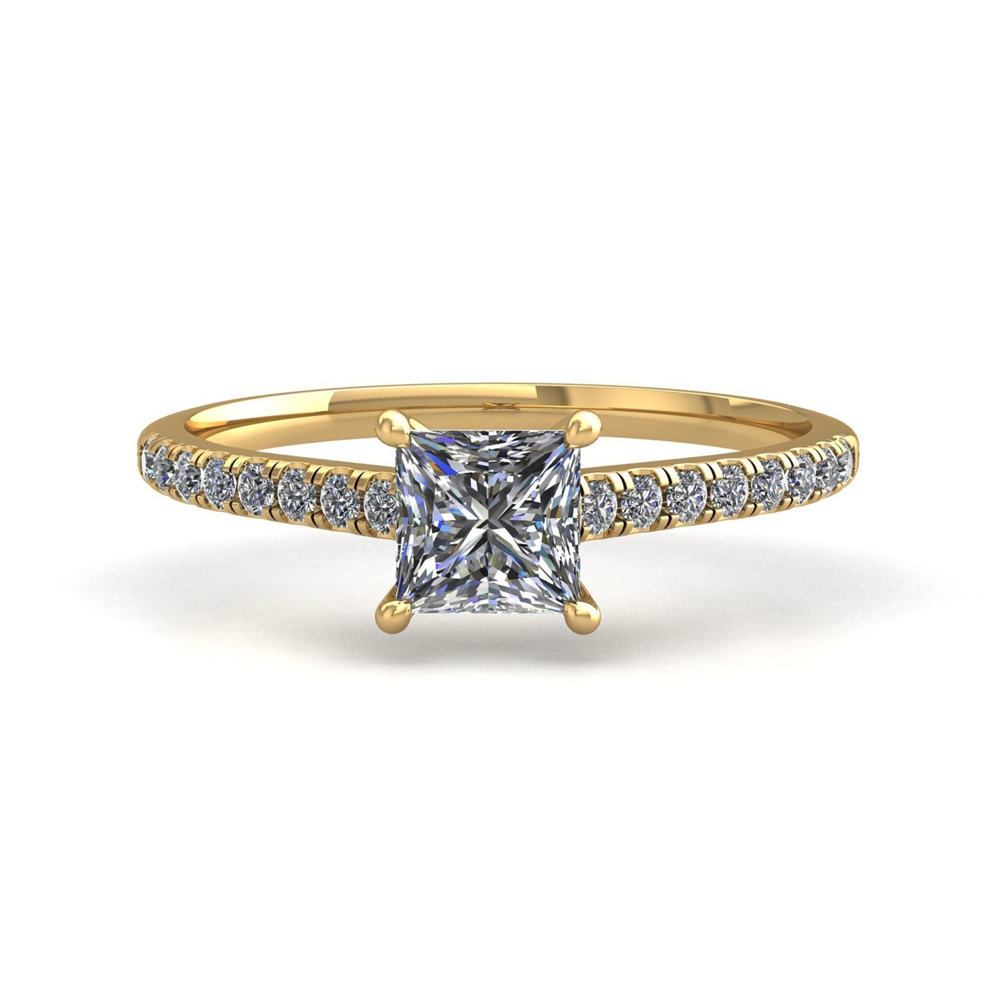 18k yellow gold 1,00 ct 4 prongs princess cut diamond engagement ring with whisper thin pavÉ set band Photos & images