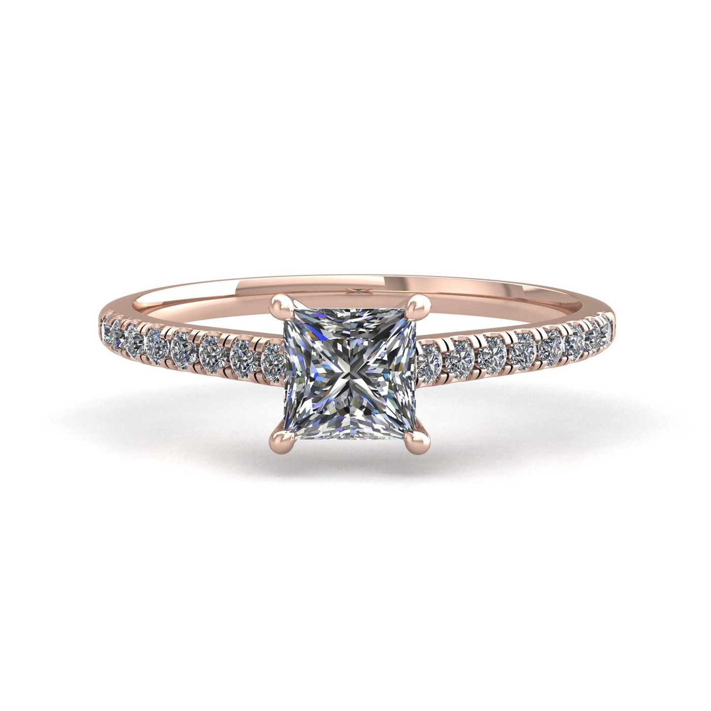 18k rose gold  1,00 ct 4 prongs princess cut diamond engagement ring with whisper thin pavÉ set band Photos & images