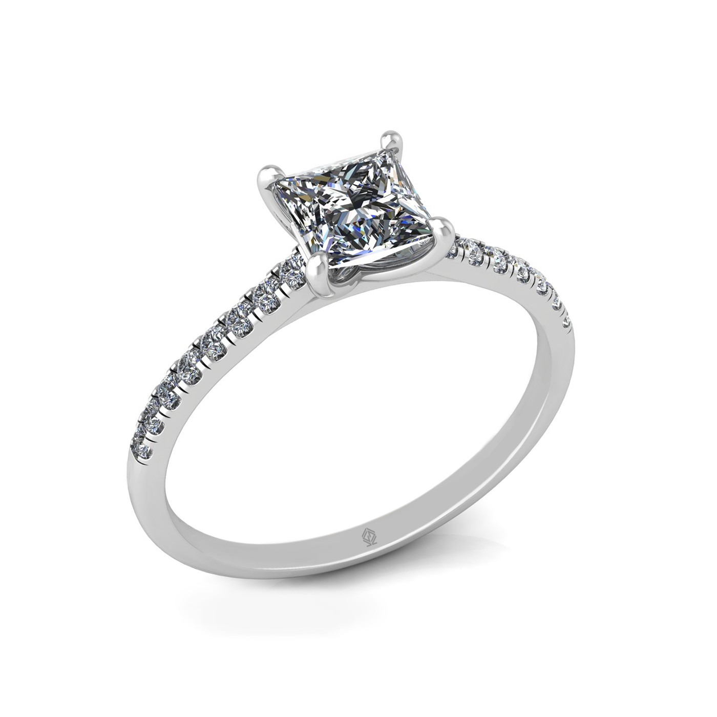 18k white gold 0,80 ct 4 prongs princess cut diamond engagement ring with whisper thin pavÉ set band