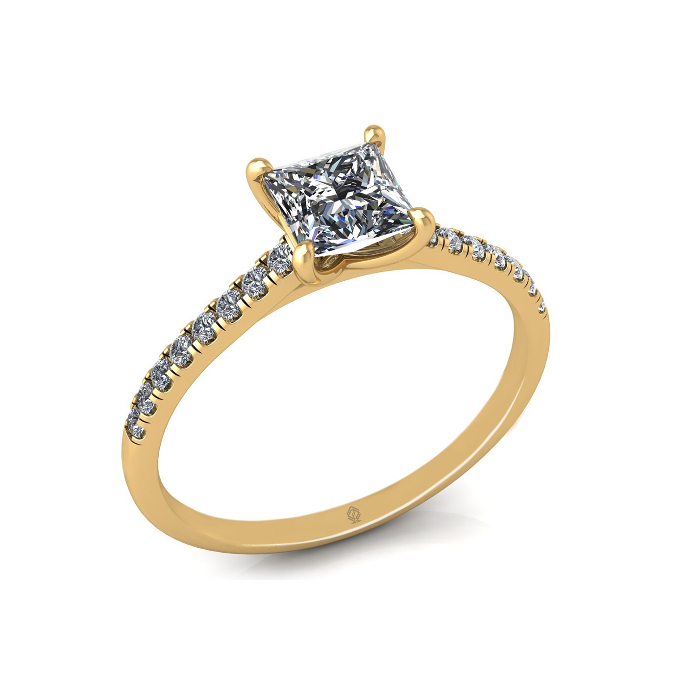 18k yellow gold  0,80 ct 4 prongs princess cut diamond engagement ring with whisper thin pavÉ set band