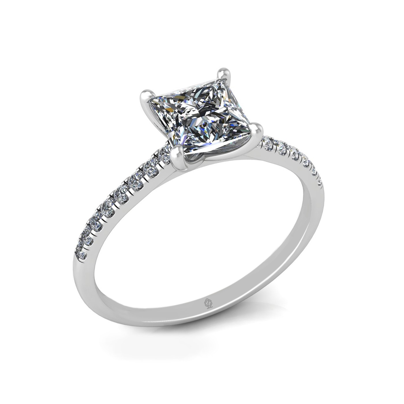 18k white gold 1,00 ct 4 prongs princess cut diamond engagement ring with whisper thin pavÉ set band
