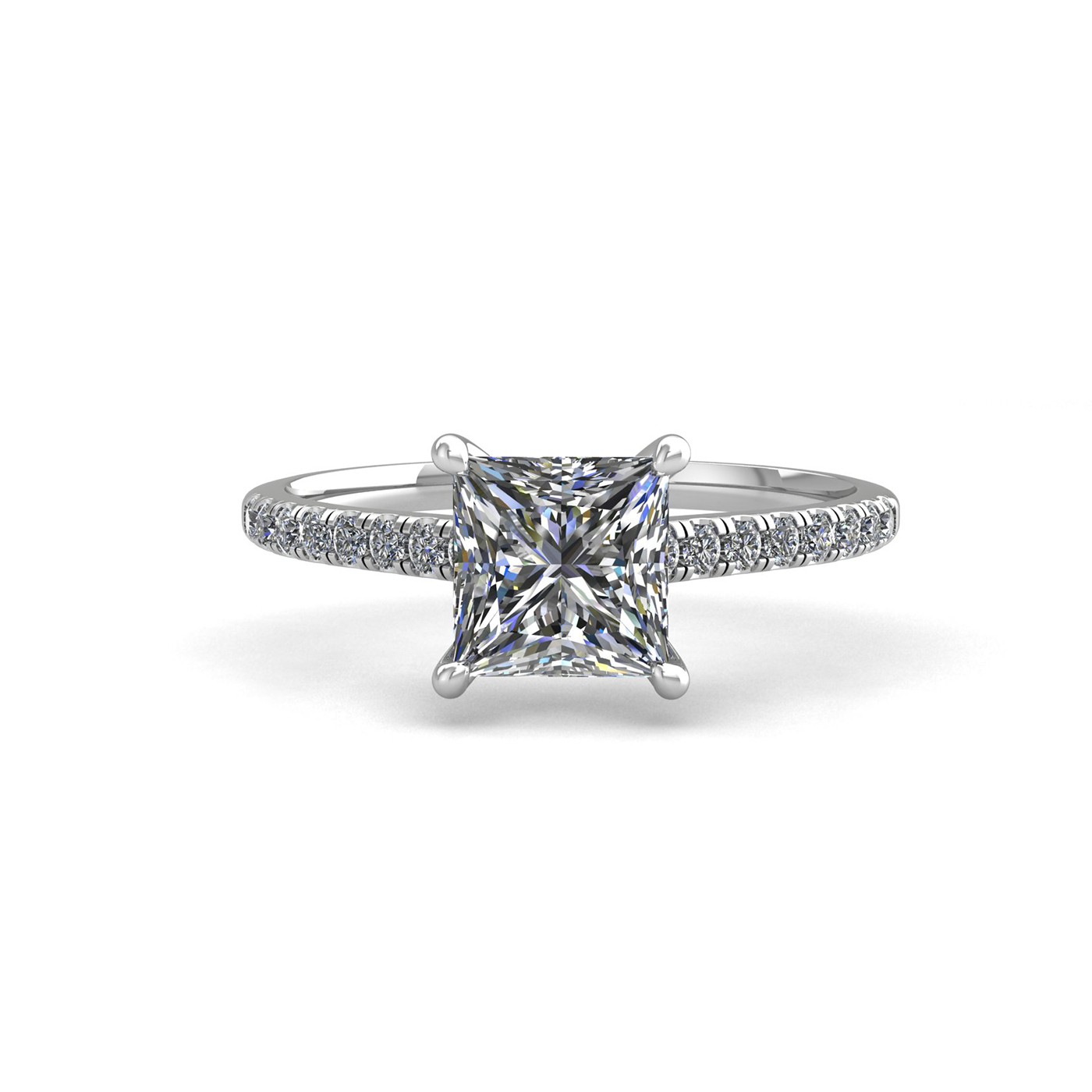 18k white gold 1,00 ct 4 prongs princess cut diamond engagement ring with whisper thin pavÉ set band