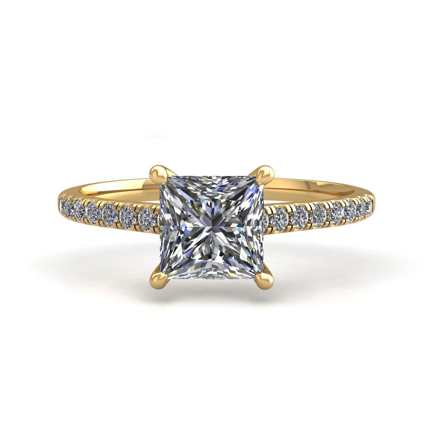 18k yellow gold 1,00 ct 4 prongs princess cut diamond engagement ring with whisper thin pavÉ set band