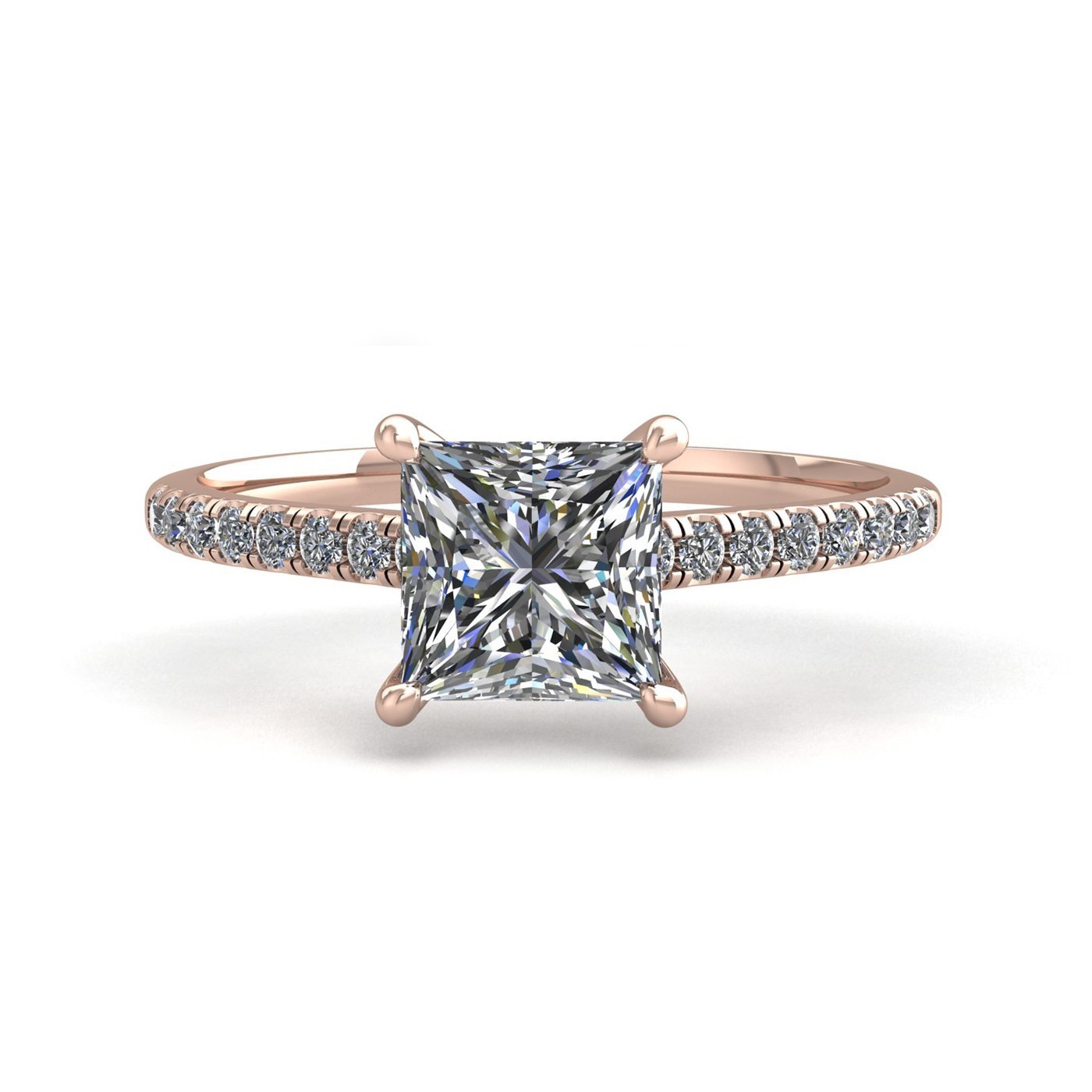 18k rose gold  1,00 ct 4 prongs princess cut diamond engagement ring with whisper thin pavÉ set band