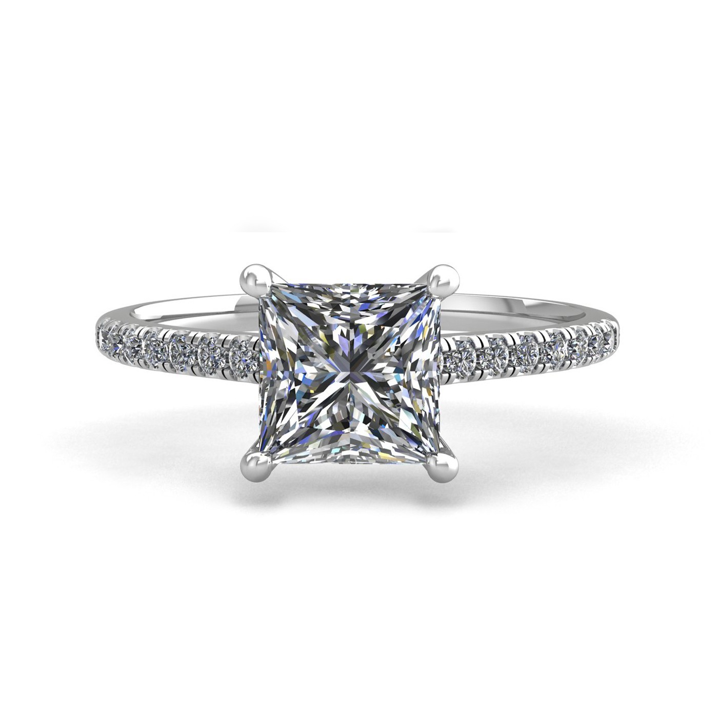 18k white gold 1,20 ct 4 prongs princess cut diamond engagement ring with whisper thin pavÉ set band