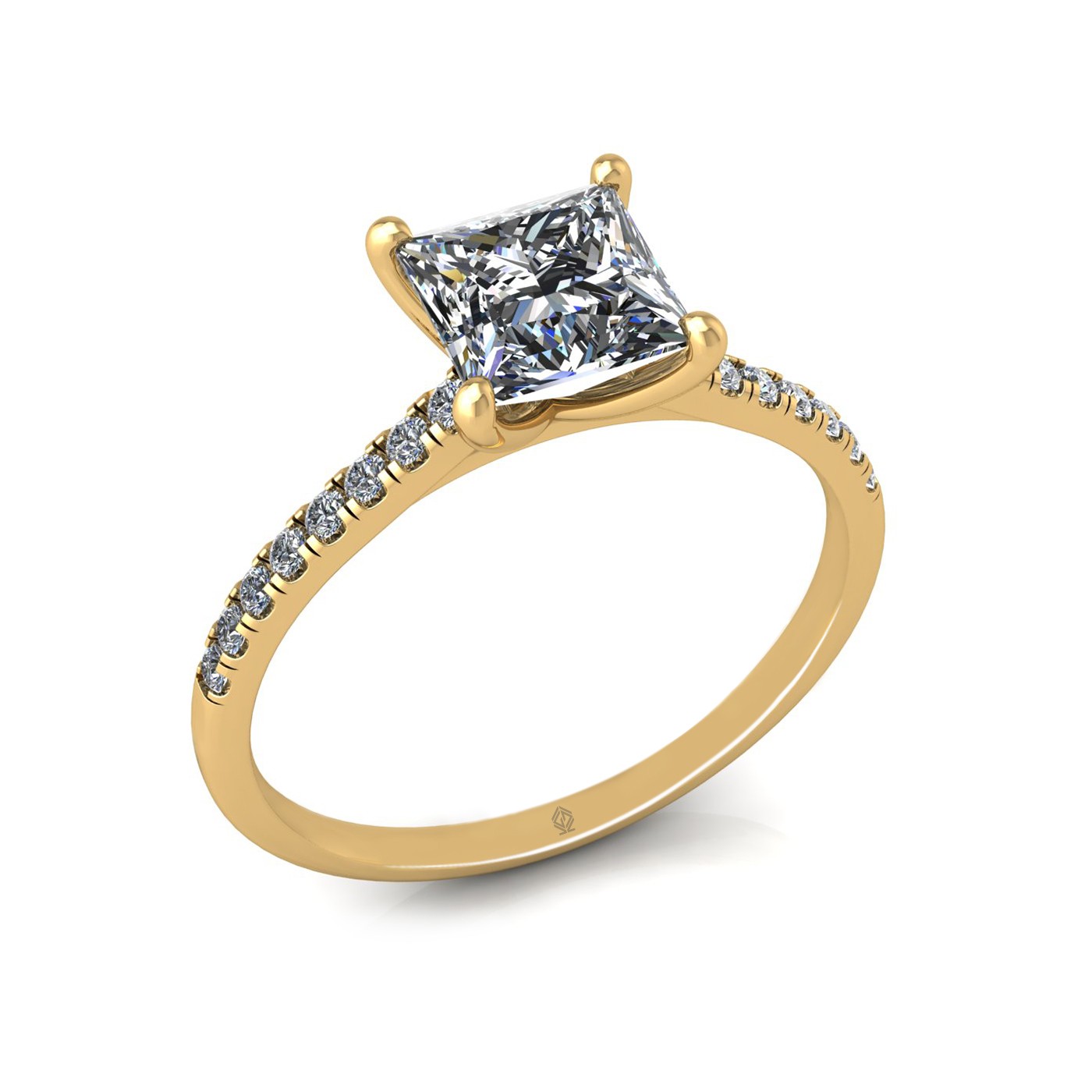 18k yellow gold  1,20 ct 4 prongs princess cut diamond engagement ring with whisper thin pavÉ set band