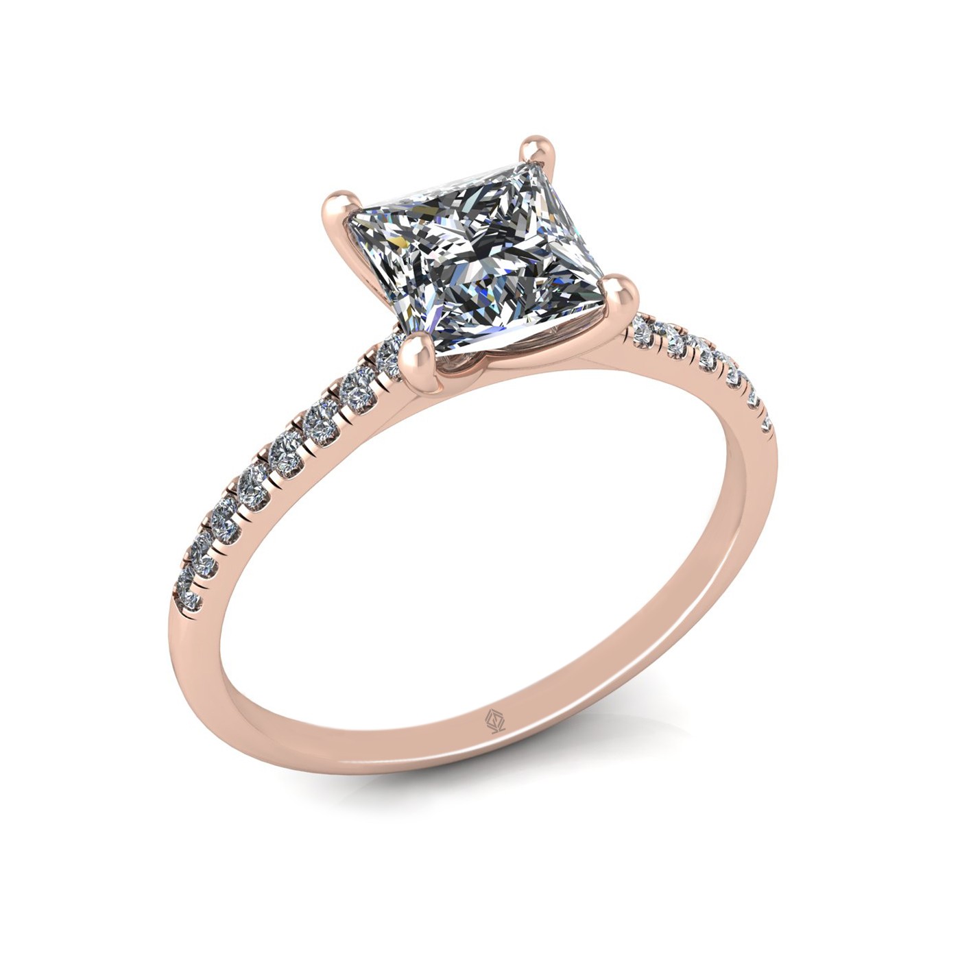 18k rose gold  1,20 ct 4 prongs princess cut diamond engagement ring with whisper thin pavÉ set band