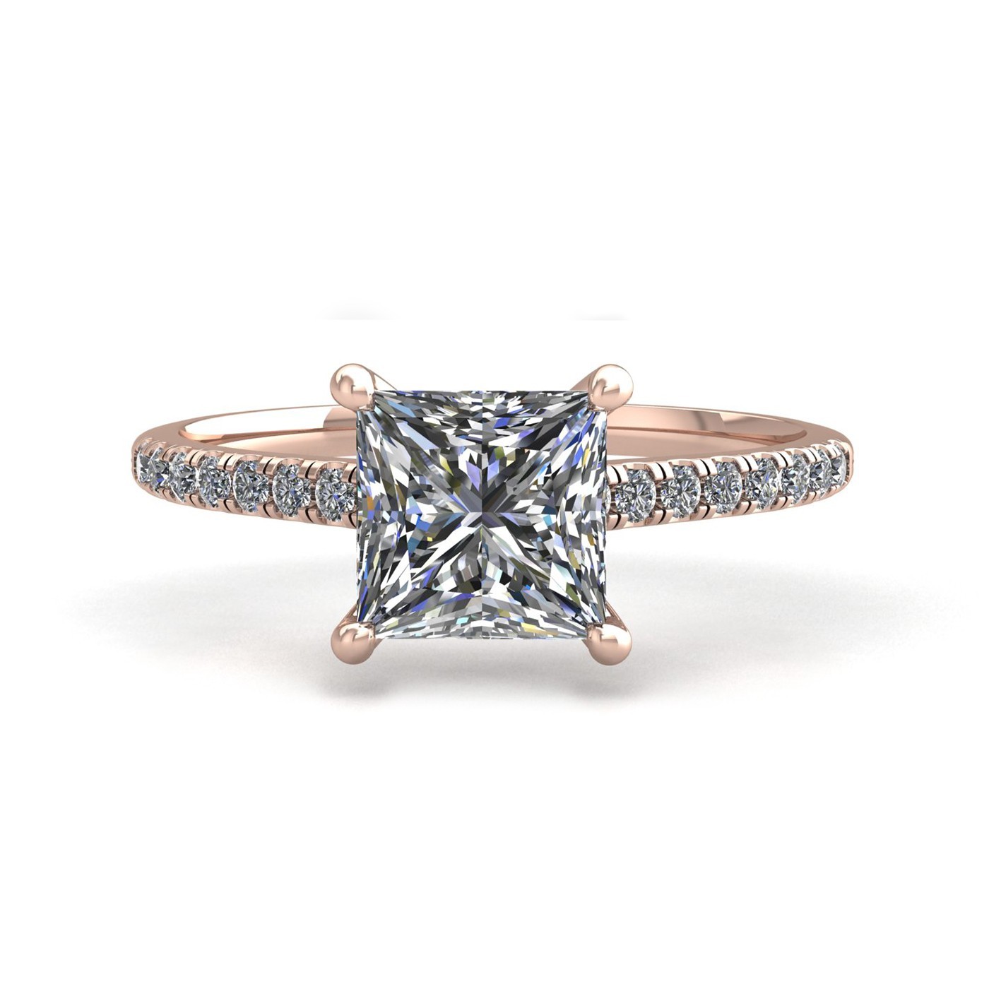 18k rose gold  1,20 ct 4 prongs princess cut diamond engagement ring with whisper thin pavÉ set band
