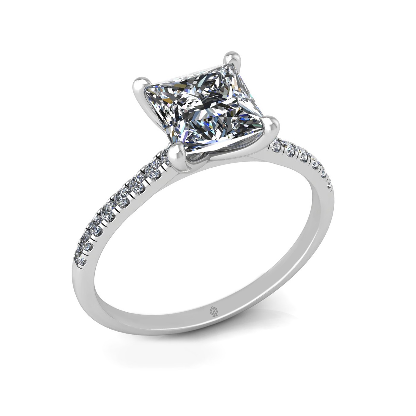 18k white gold 1,50 ct 4 prongs princess cut diamond engagement ring with whisper thin pavÉ set band