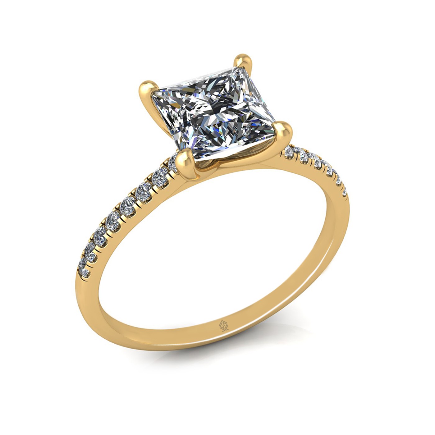 18k yellow gold 1,50 ct 4 prongs princess cut diamond engagement ring with whisper thin pavÉ set band