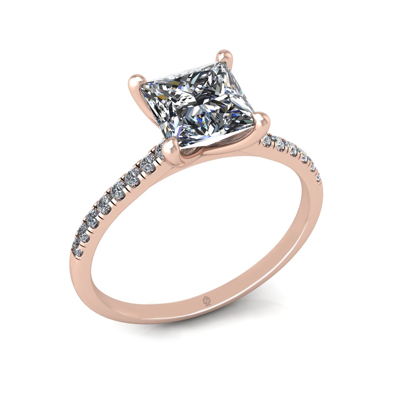 18k rose gold 1,50 ct 4 prongs princess cut diamond engagement ring with whisper thin pavÉ set band