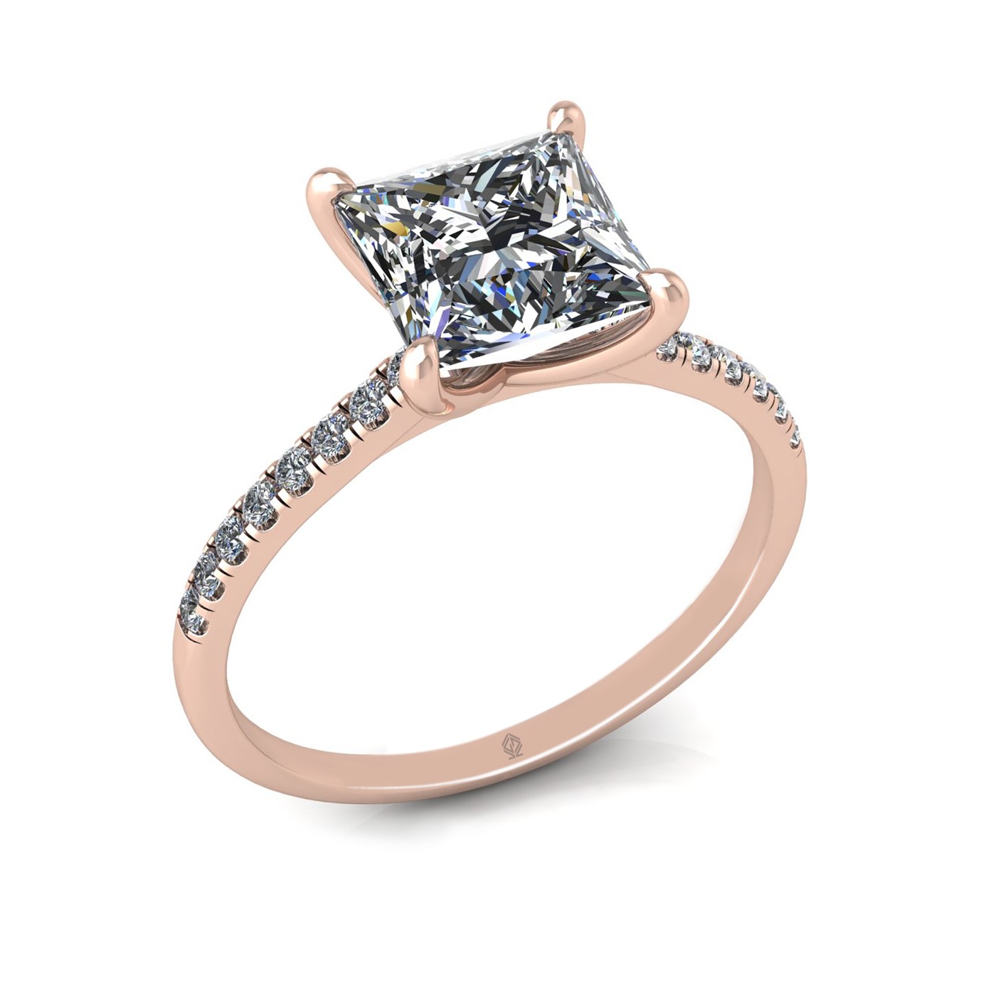 18k rose gold 2,00 ct 4 prongs princess cut diamond engagement ring with whisper thin pavÉ set band