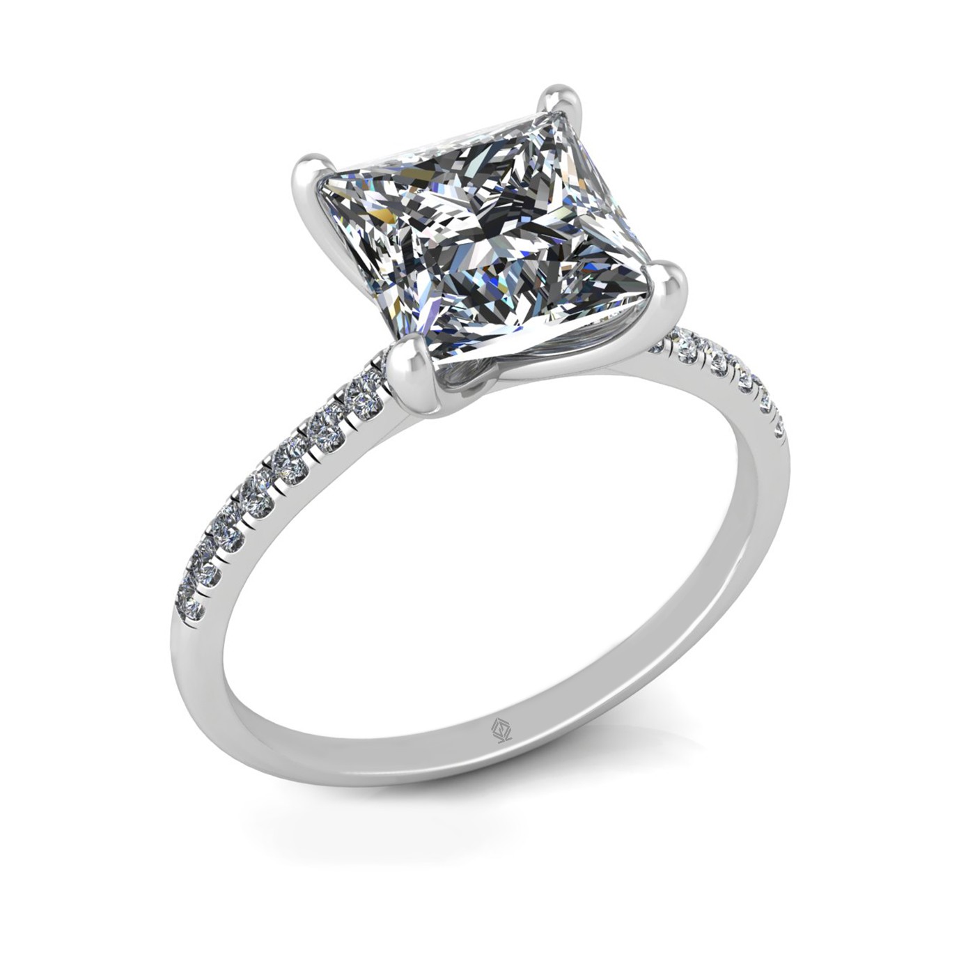18k white gold 2,50 ct 4 prongs princess cut diamond engagement ring with whisper thin pavÉ set band