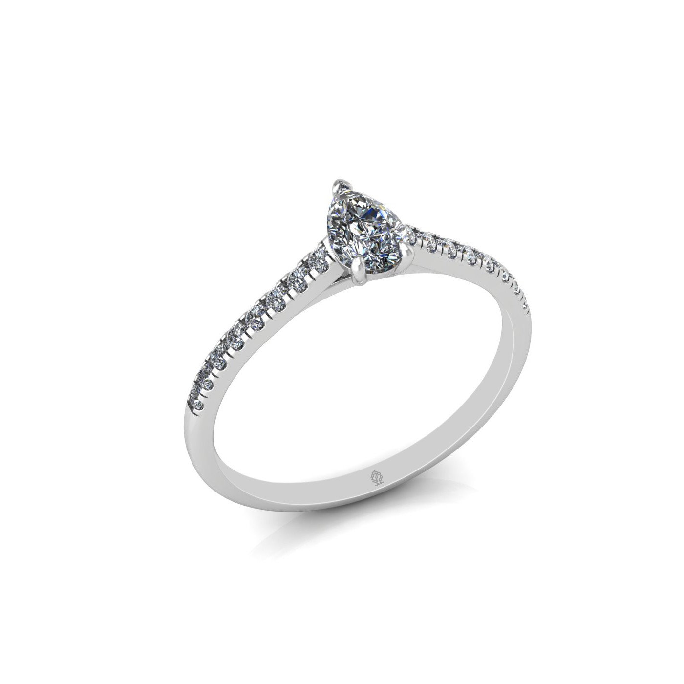 18k white gold  0,30 ct 3 prongs pear diamond engagement ring with whisper thin pavÉ set band