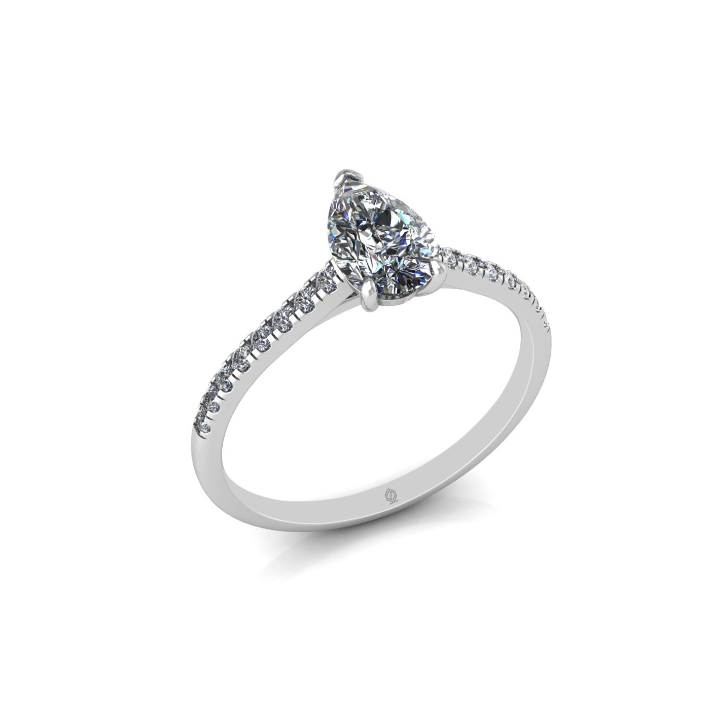 18k white gold 0,80 ct 3 prongs pear diamond engagement ring with whisper thin pavÉ set band
