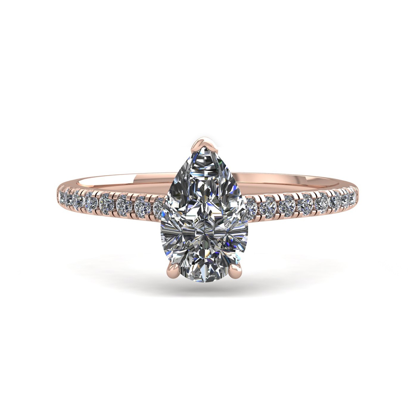 18k rose gold 0,80 ct 3 prongs pear diamond engagement ring with whisper thin pavÉ set band