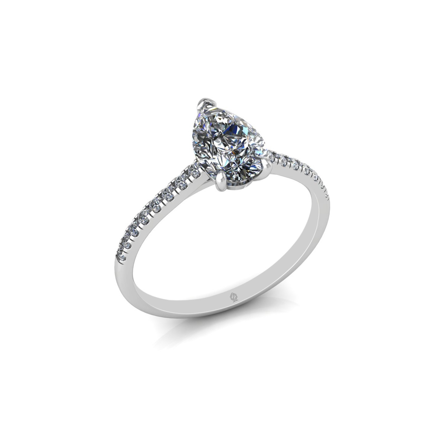 18k white gold 1.0ct 3 prongs pear diamond engagement ring with whisper thin pavÉ set band