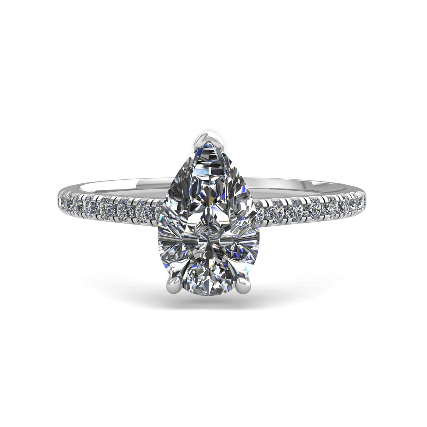 18k white gold 1.0ct 3 prongs pear diamond engagement ring with whisper thin pavÉ set band
