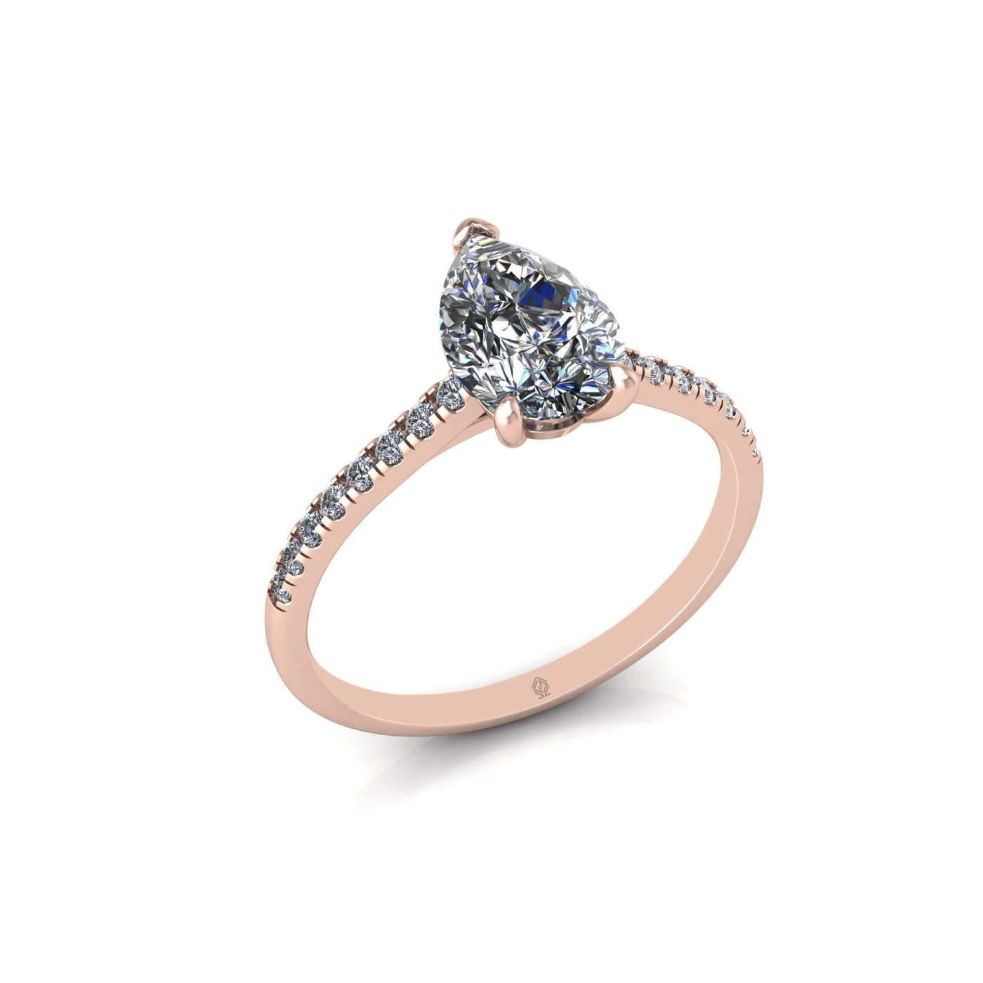 18k rose gold 1,20 ct 3 prongs pear cut diamond engagement ring with whisper thin pavÉ set band