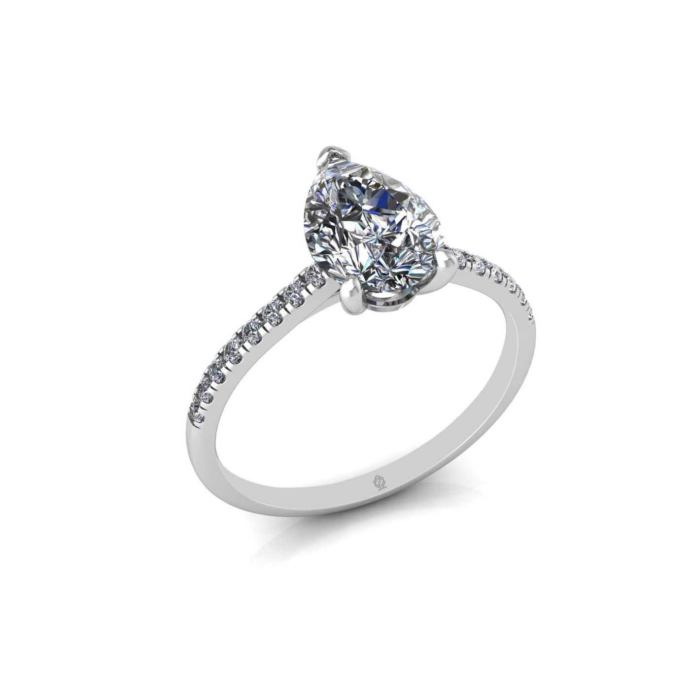 18k white gold 1,50 ct 3 prongs pear diamond engagement ring with whisper thin pavÉ set band