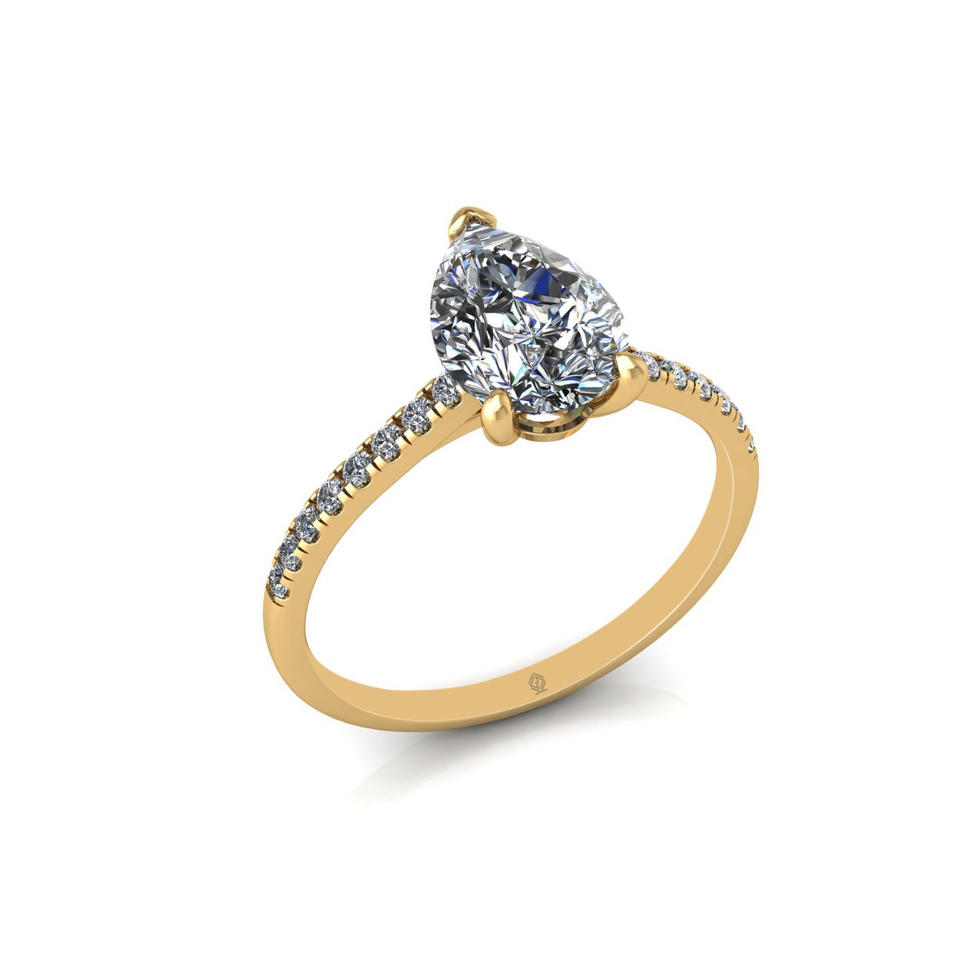 18k yellow gold 1,50 ct 3 prongs pear diamond engagement ring with whisper thin pavÉ set band