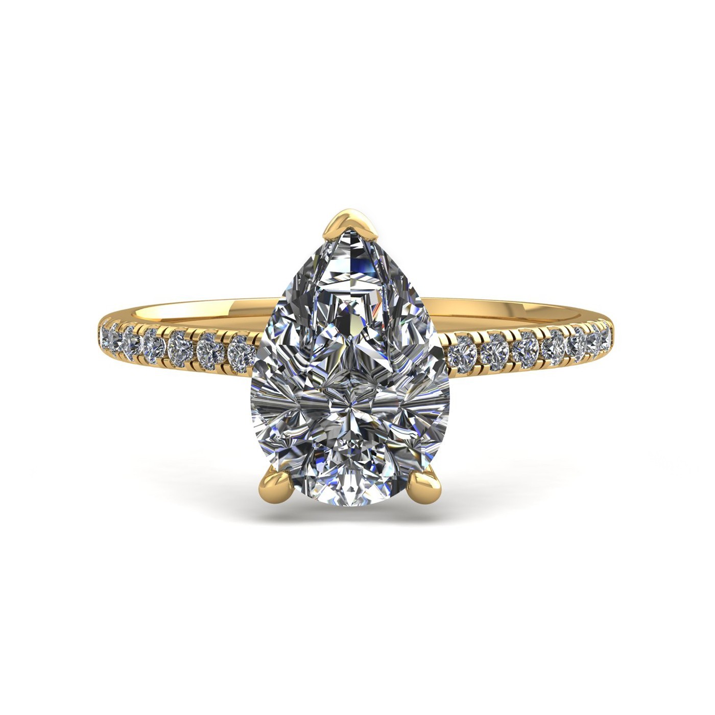 18k yellow gold 1.0ct 3 prongs pear diamond engagement ring with whisper thin pavÉ set band Photos & images