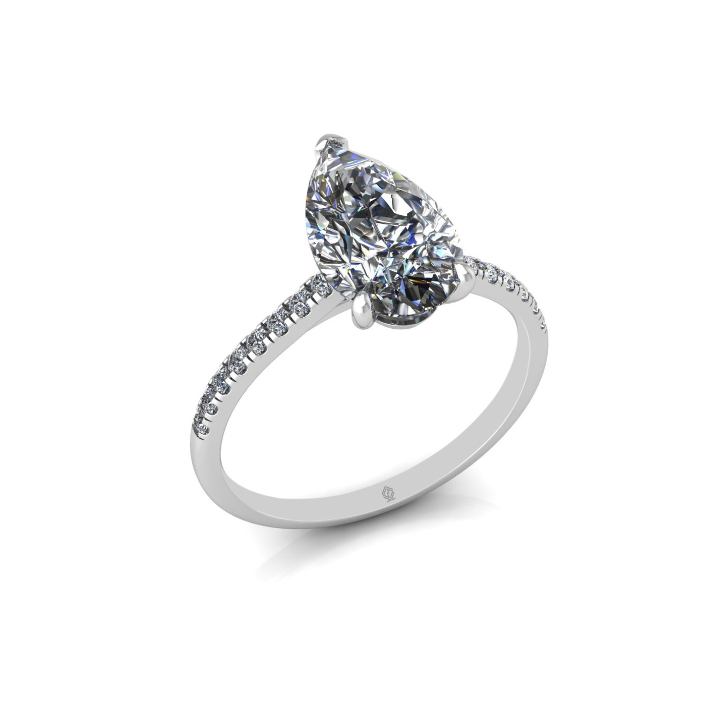 18k white gold 2,00 ct 3 prongs pear diamond engagement ring with whisper thin pavÉ set band