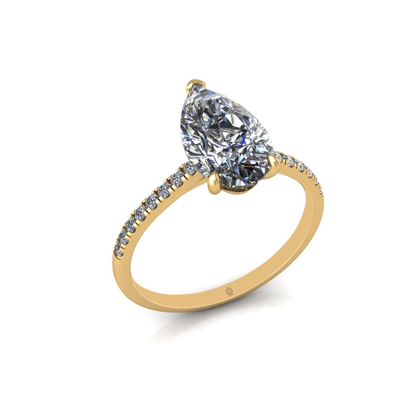 18k yellow gold 2,00 ct 3 prongs pear diamond engagement ring with whisper thin pavÉ set band