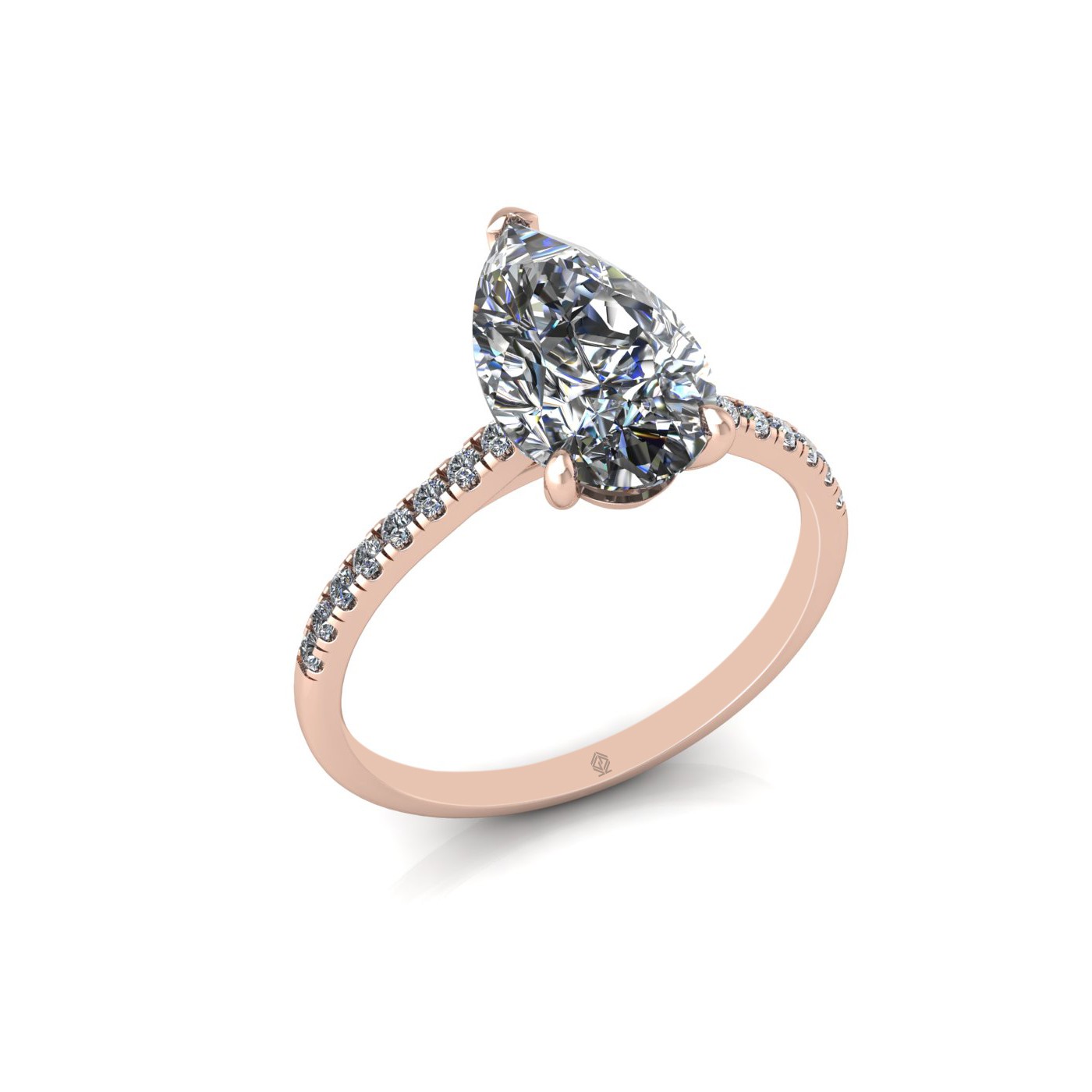18k rose gold 2,00 ct 3 prongs pear diamond engagement ring with whisper thin pavÉ set band