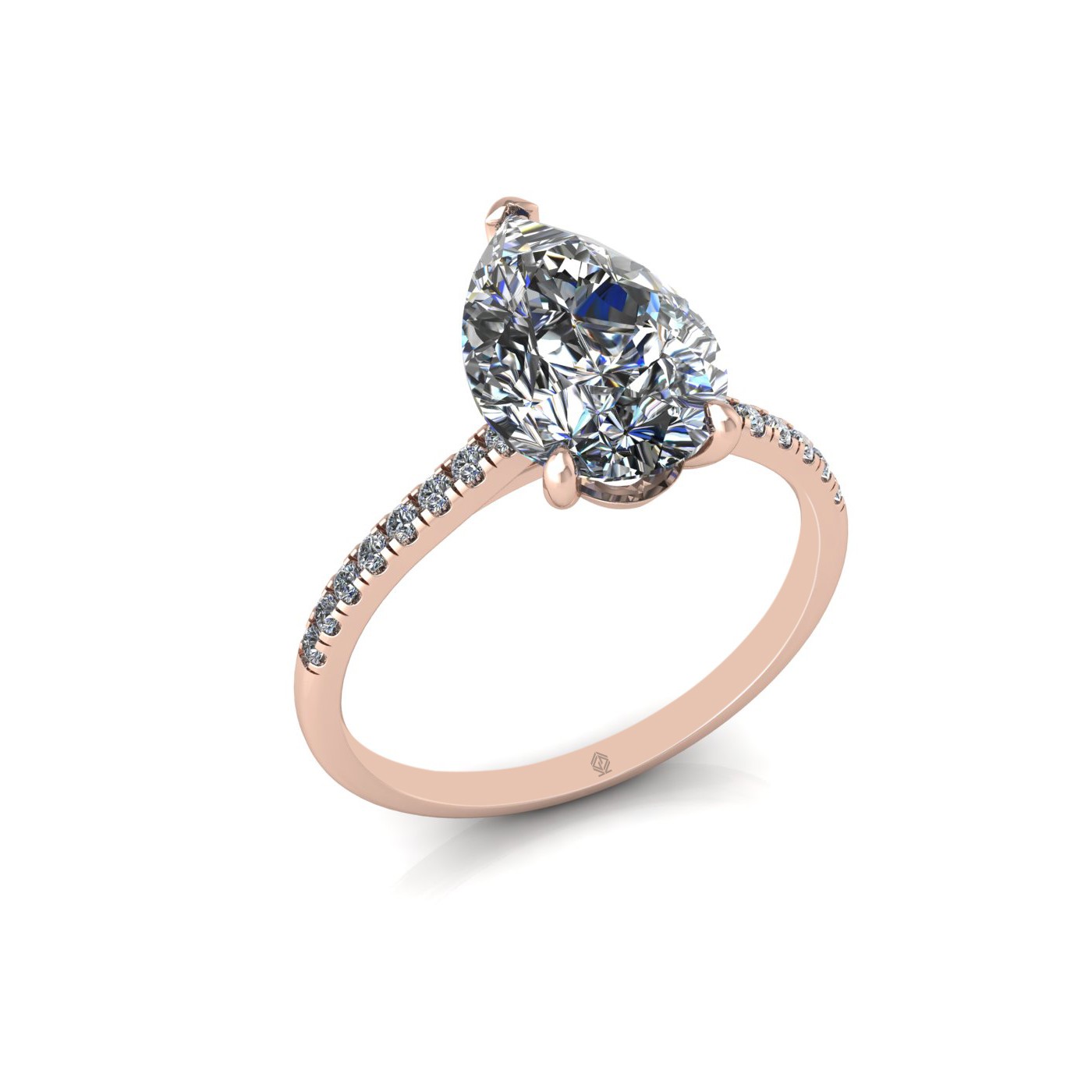18k rose gold 2,50 ct 3 prongs pear diamond engagement ring with whisper thin pavÉ set band