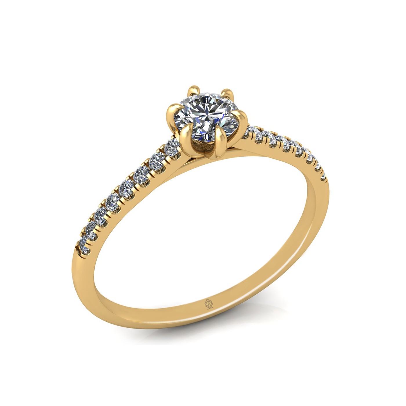 18k yellow gold  0,30 ct 6 prongs round cut diamond engagement ring with whisper thin pavÉ set band