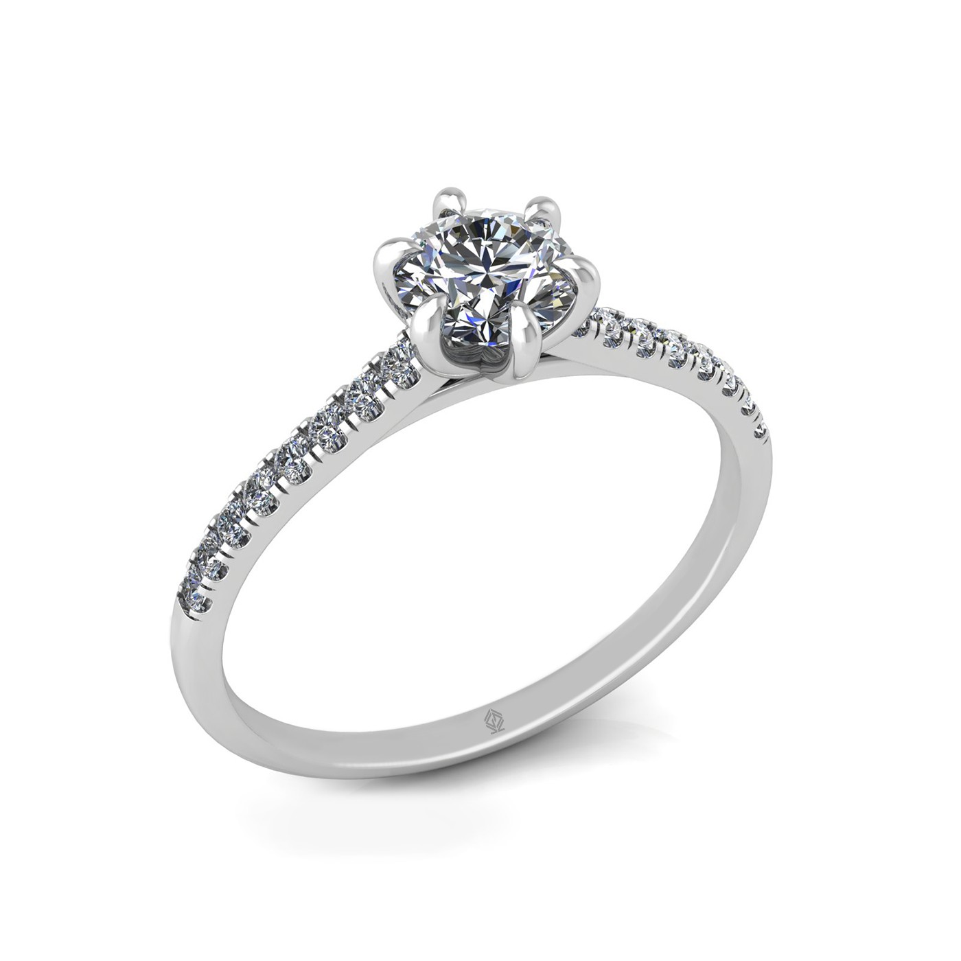 18k white gold 0,50 ct 6 prongs round cut diamond engagement ring with whisper thin pavÉ set band
