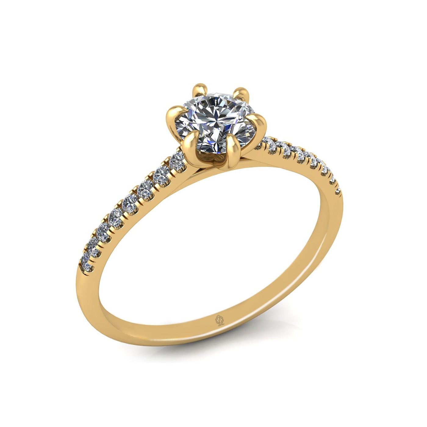18k yellow gold 0,50 ct 6 prongs round cut diamond engagement ring with whisper thin pavÉ set band