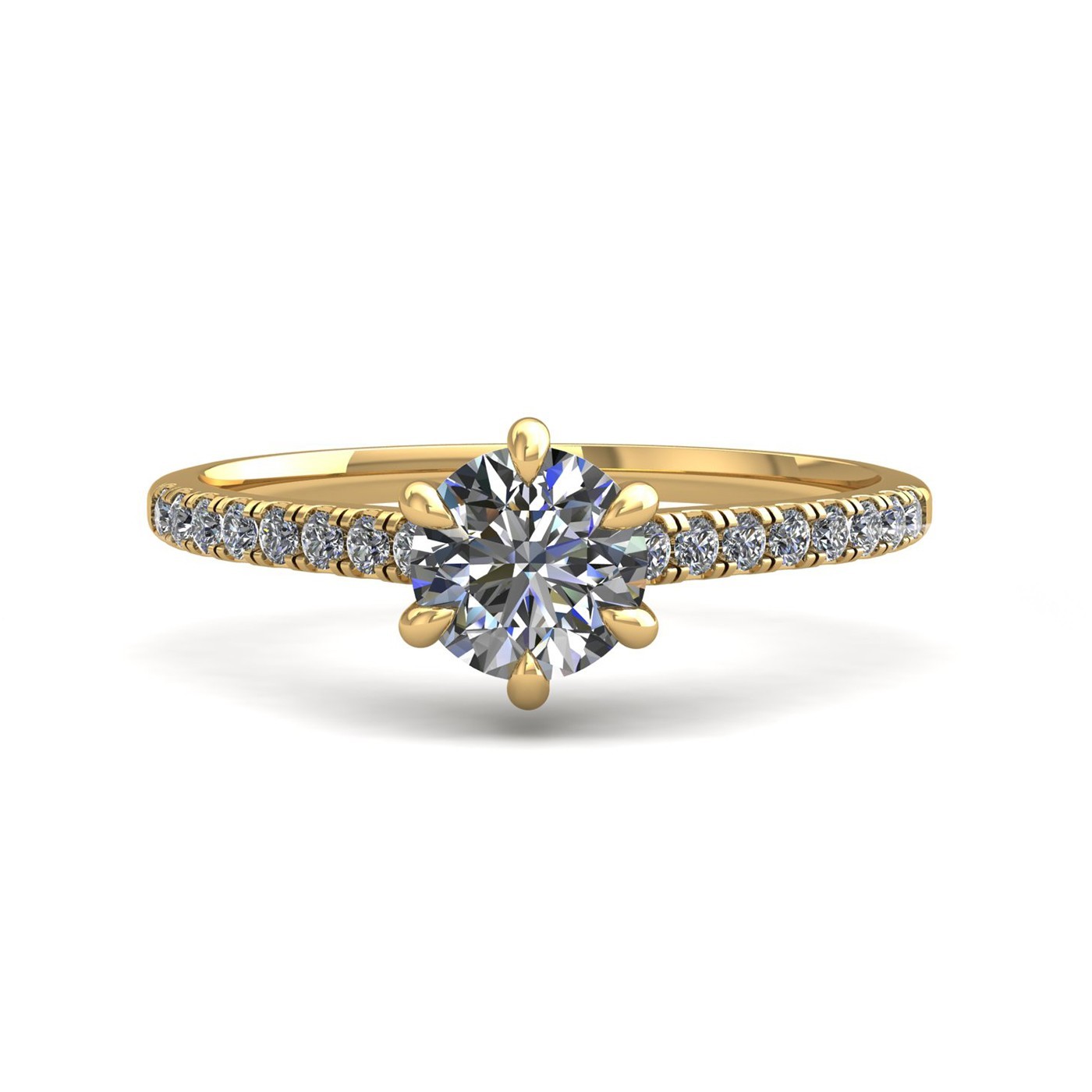 18k yellow gold 0,50 ct 6 prongs round cut diamond engagement ring with whisper thin pavÉ set band