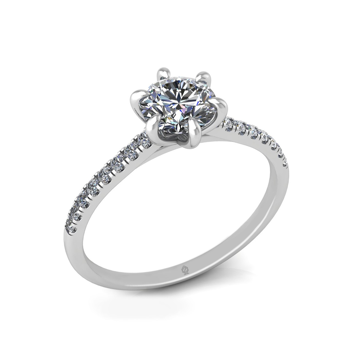 18k white gold 0,80 ct 6 prongs round cut diamond engagement ring with whisper thin pavÉ set band