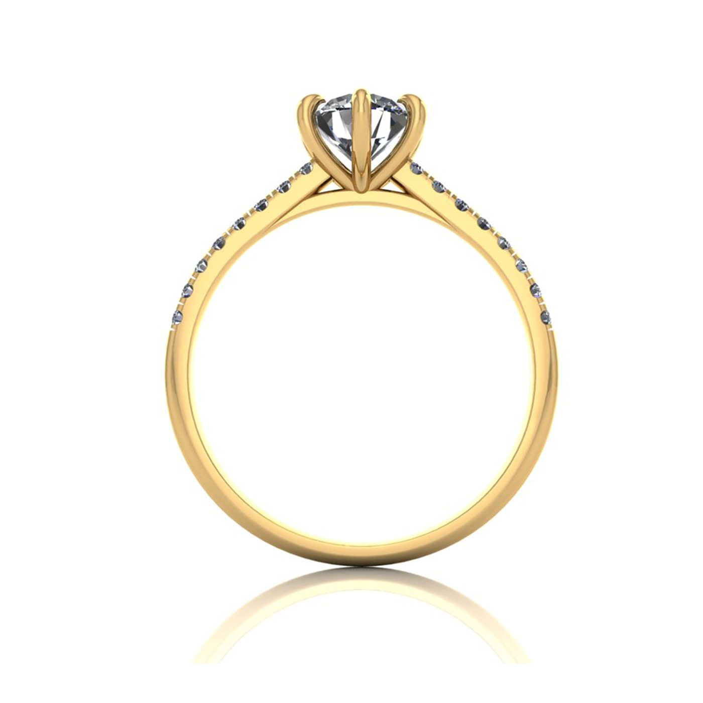 18k yellow gold 0,80 ct 6 prongs round cut diamond engagement ring with whisper thin pavÉ set band