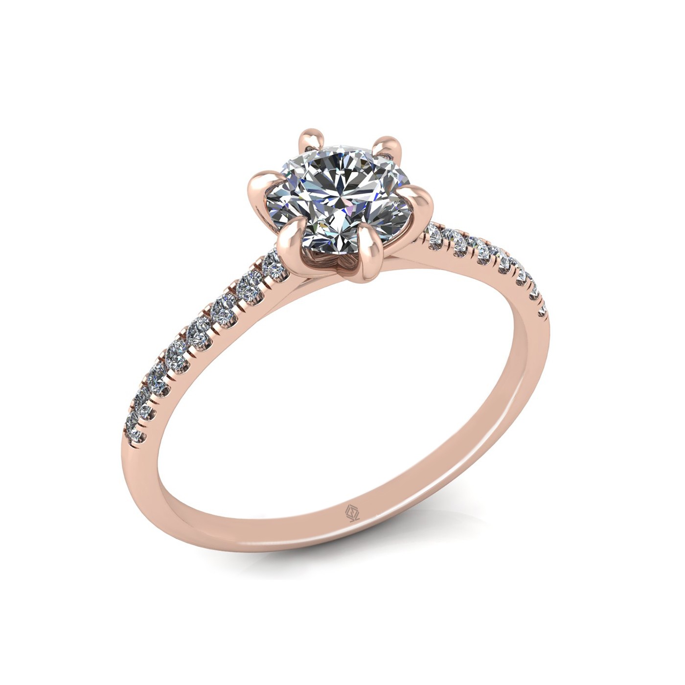 18k rose gold 0,80 ct 6 prongs round cut diamond engagement ring with whisper thin pavÉ set band