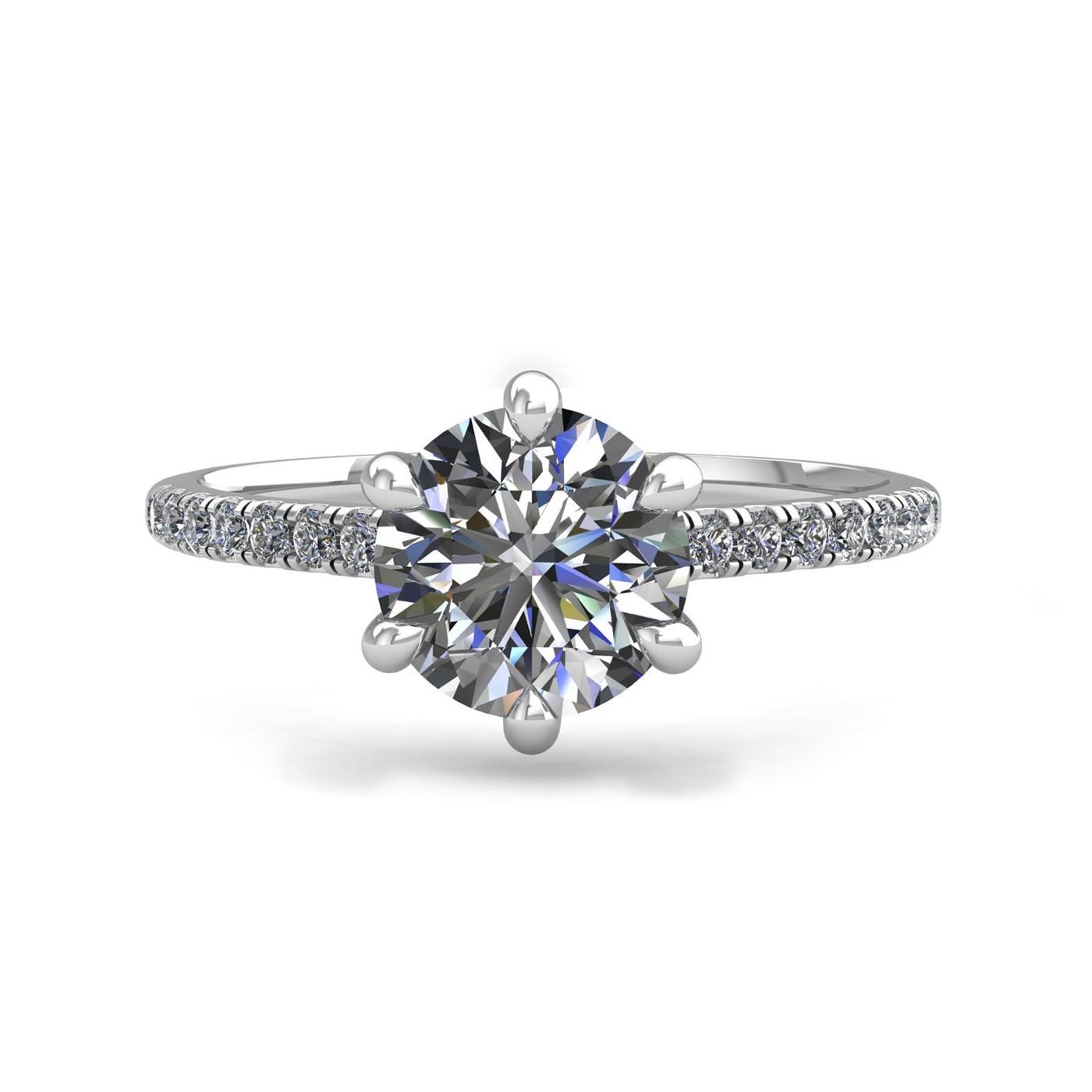 18k white gold 1,00 ct 6 prongs round cut diamond engagement ring with whisper thin pavÉ set band