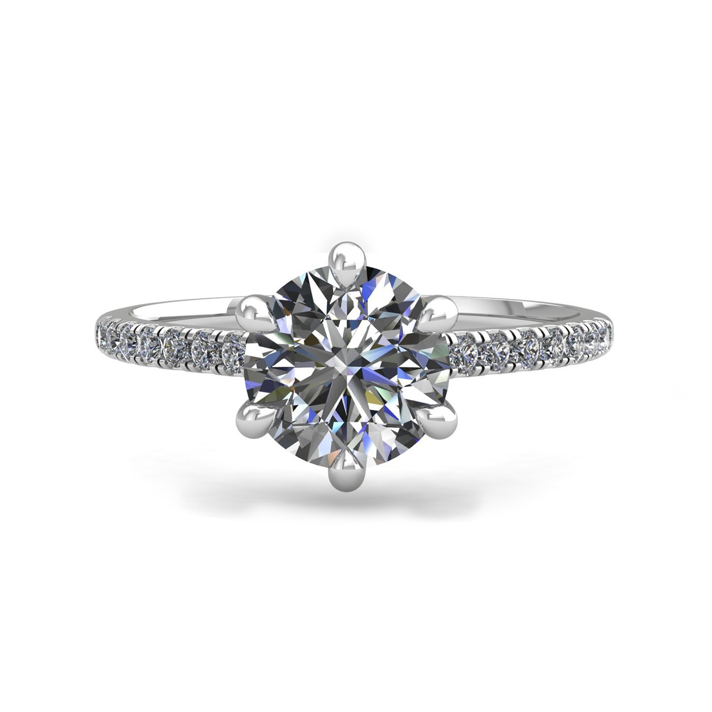 18k white gold 1,00 ct 6 prongs round cut diamond engagement ring with whisper thin pavÉ set band Photos & images