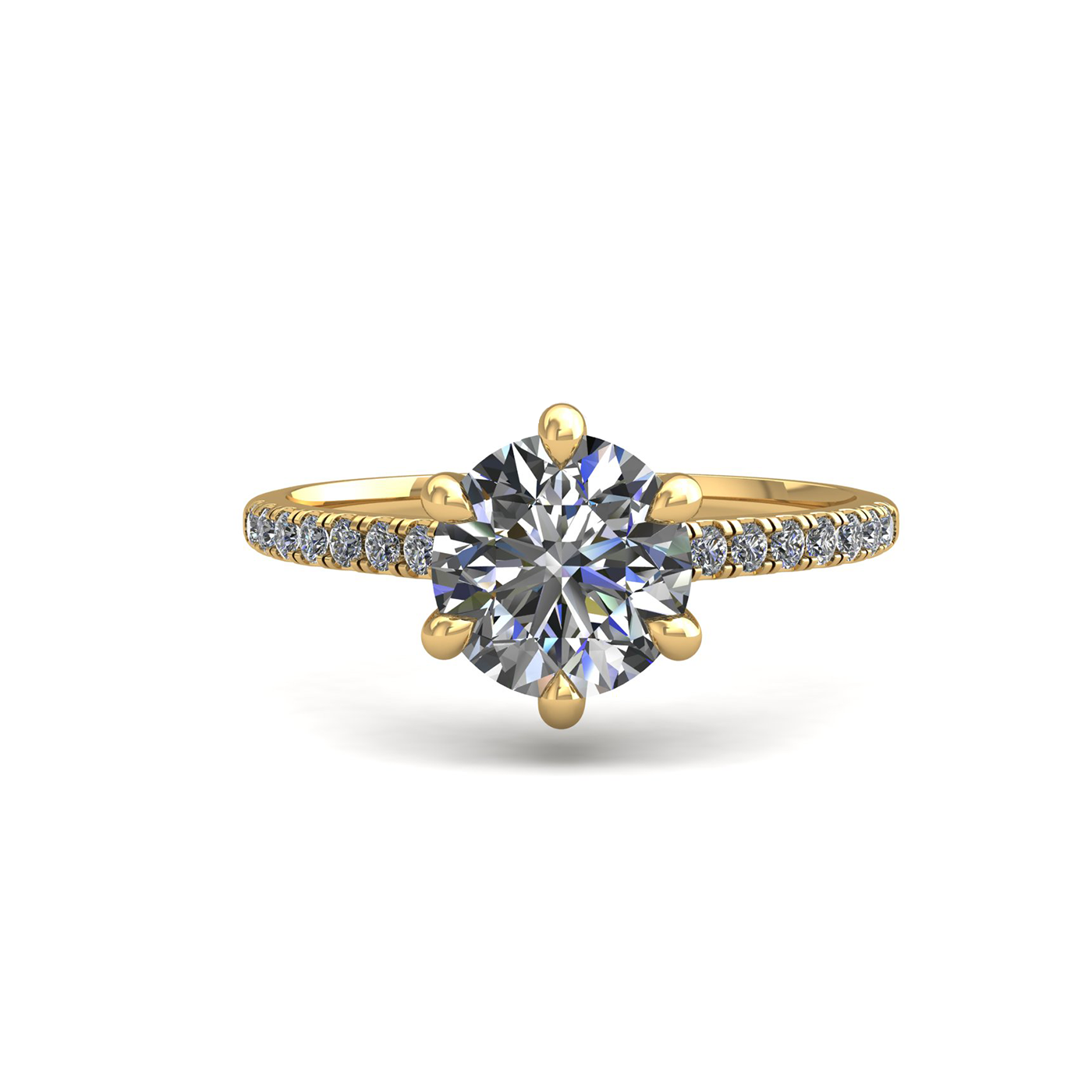 18k yellow gold 2,00 ct 6 prongs round cut diamond engagement ring with whisper thin pavÉ set band Photos & images