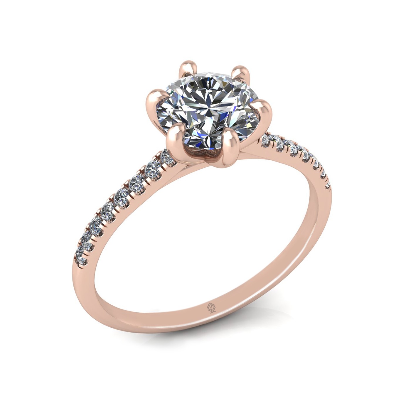 18k rose gold 1,00 ct 6 prongs round cut diamond engagement ring with whisper thin pavÉ set band