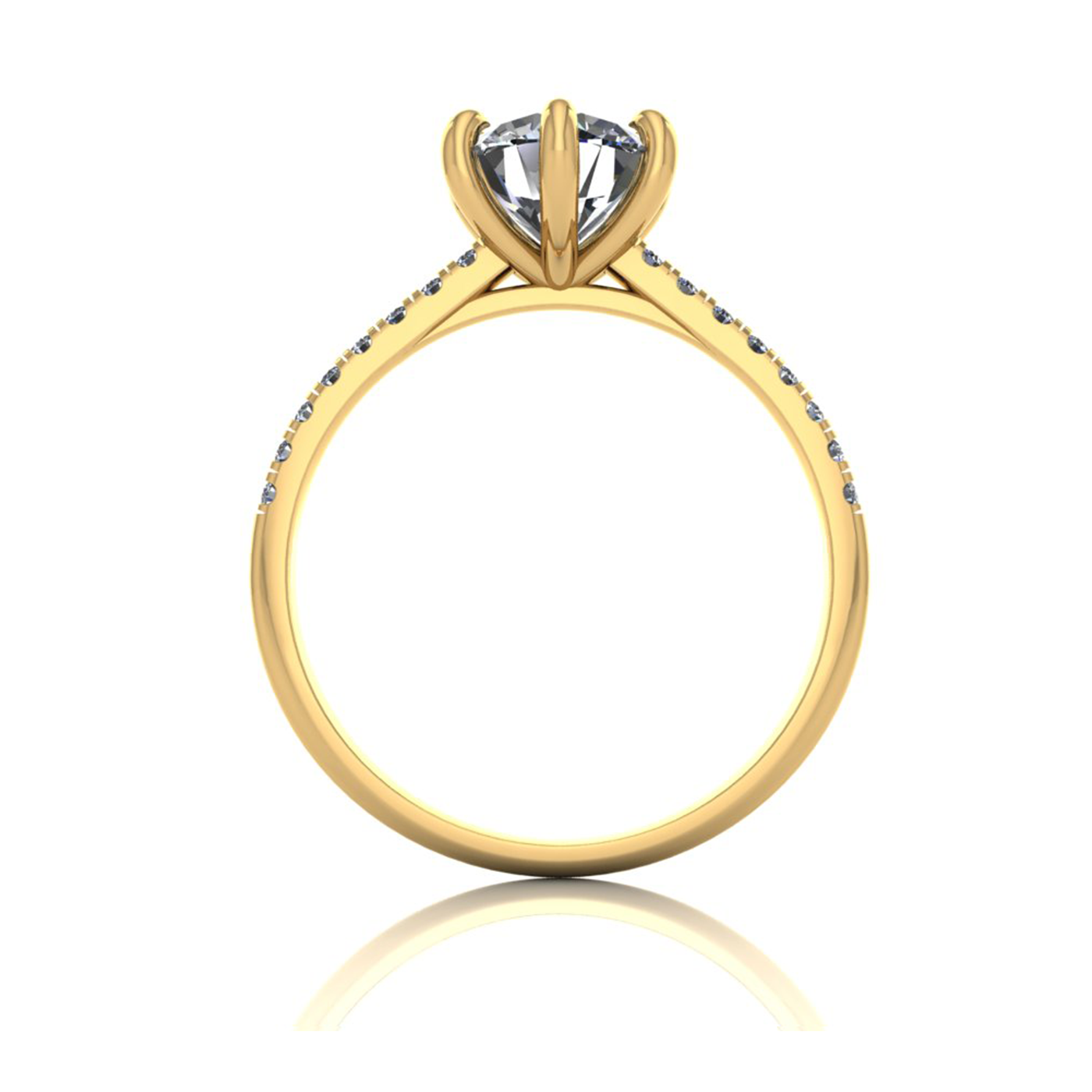 18k yellow gold 1,20 ct 6 prongs round cut diamond engagement ring with whisper thin pavÉ set band