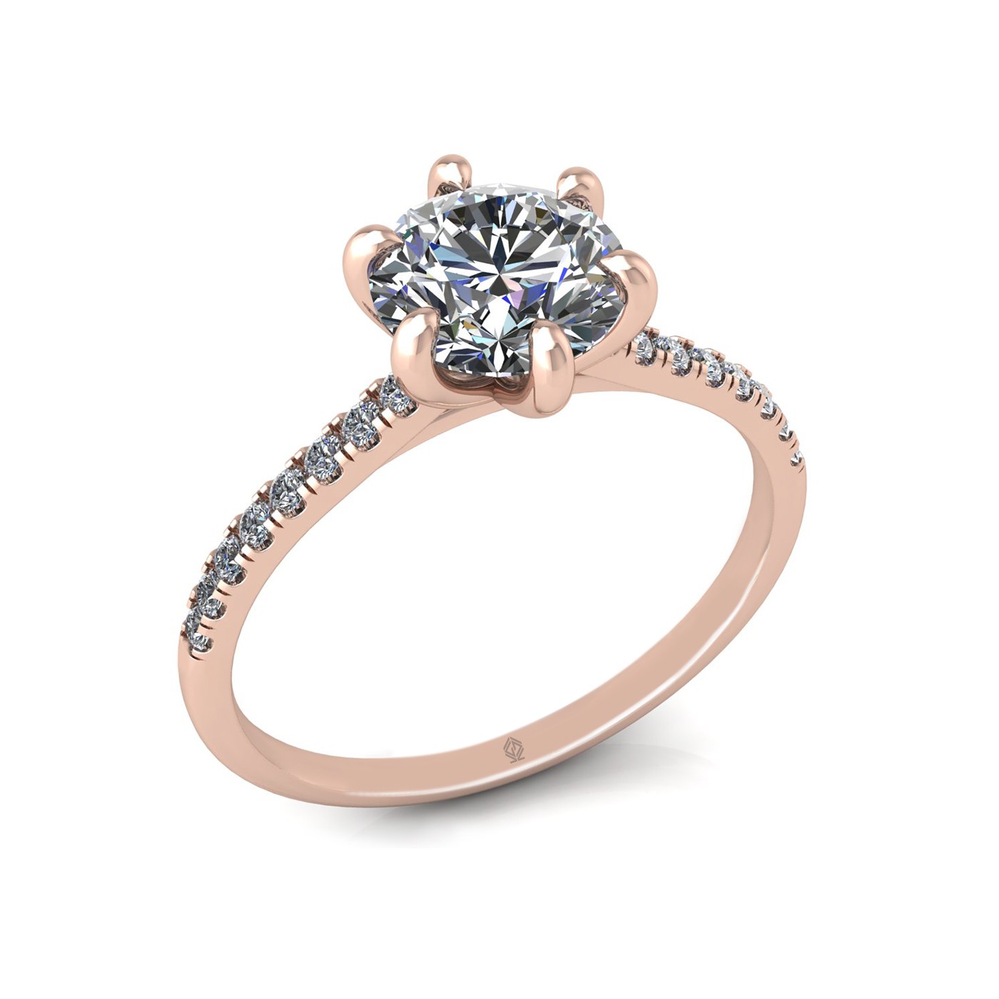 18k rose gold 1,20 ct 6 prongs round cut diamond engagement ring with whisper thin pavÉ set band