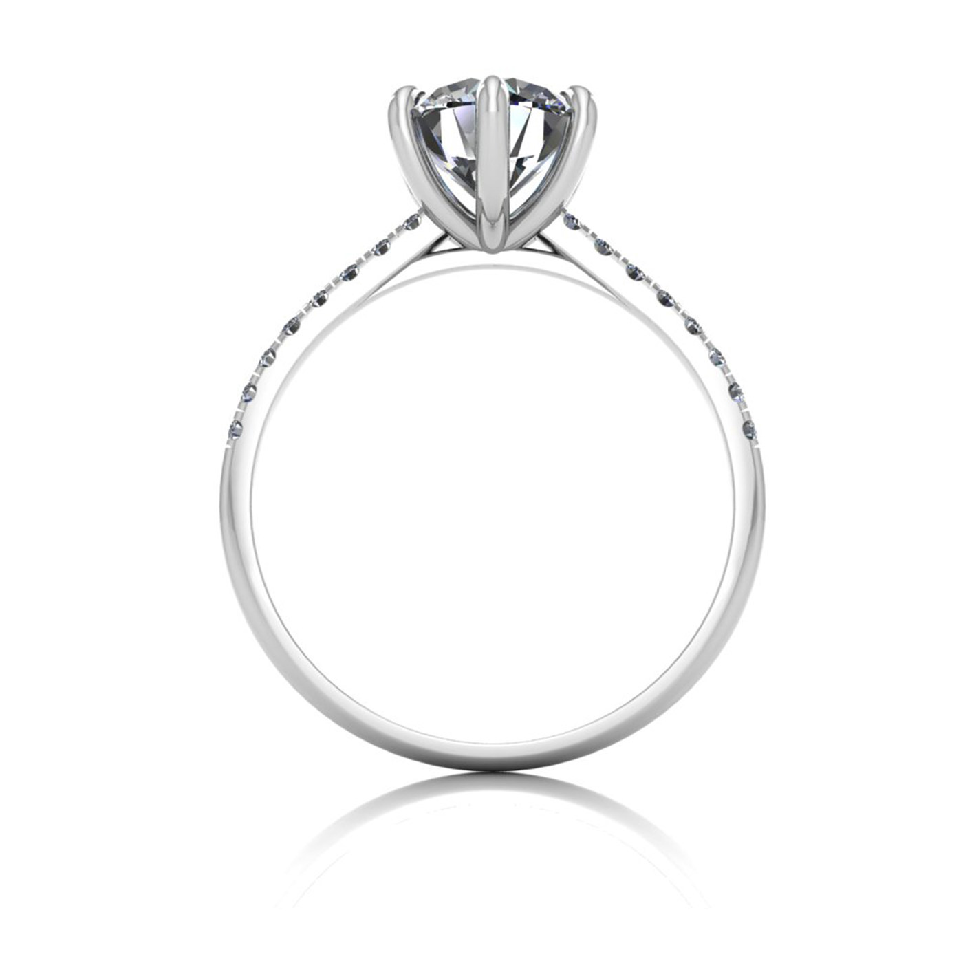 18k white gold 1,50 ct 6 prongs round cut diamond engagement ring with whisper thin pavÉ set band