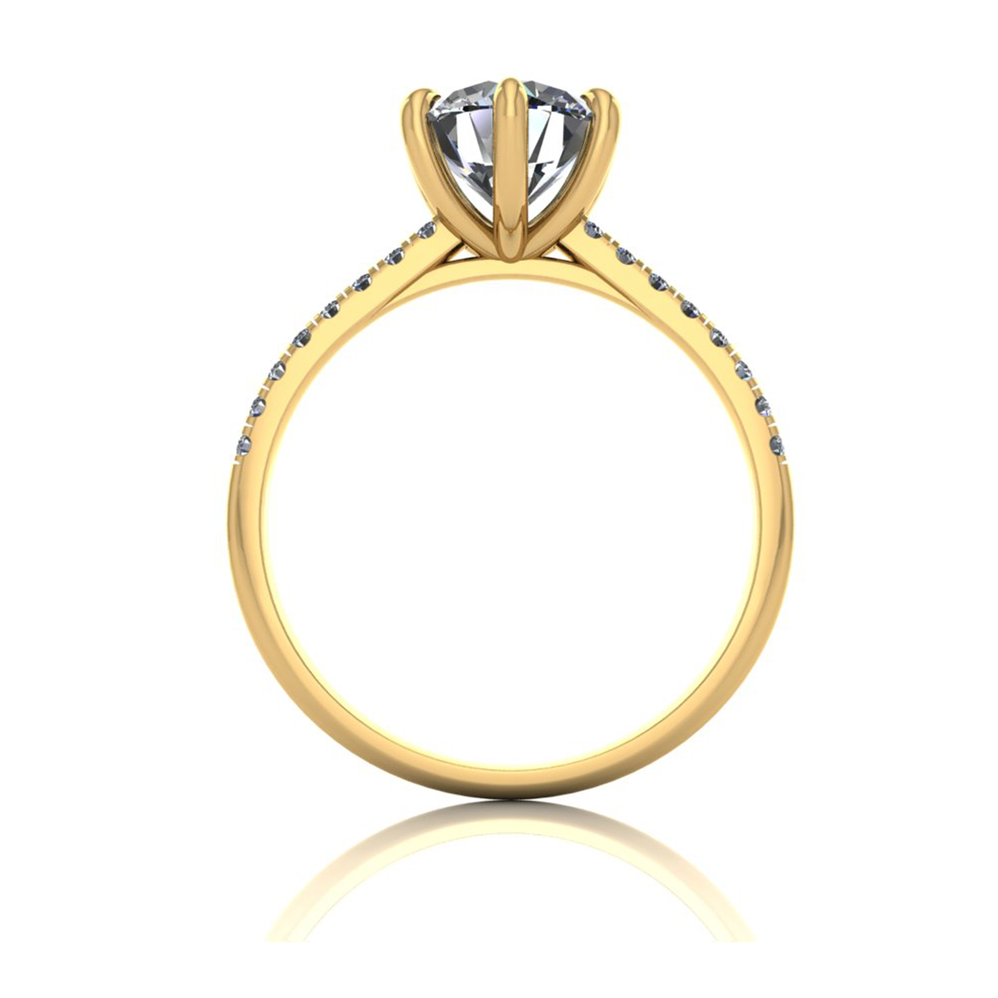 18k yellow gold 1,50 ct 6 prongs round cut diamond engagement ring with whisper thin pavÉ set band