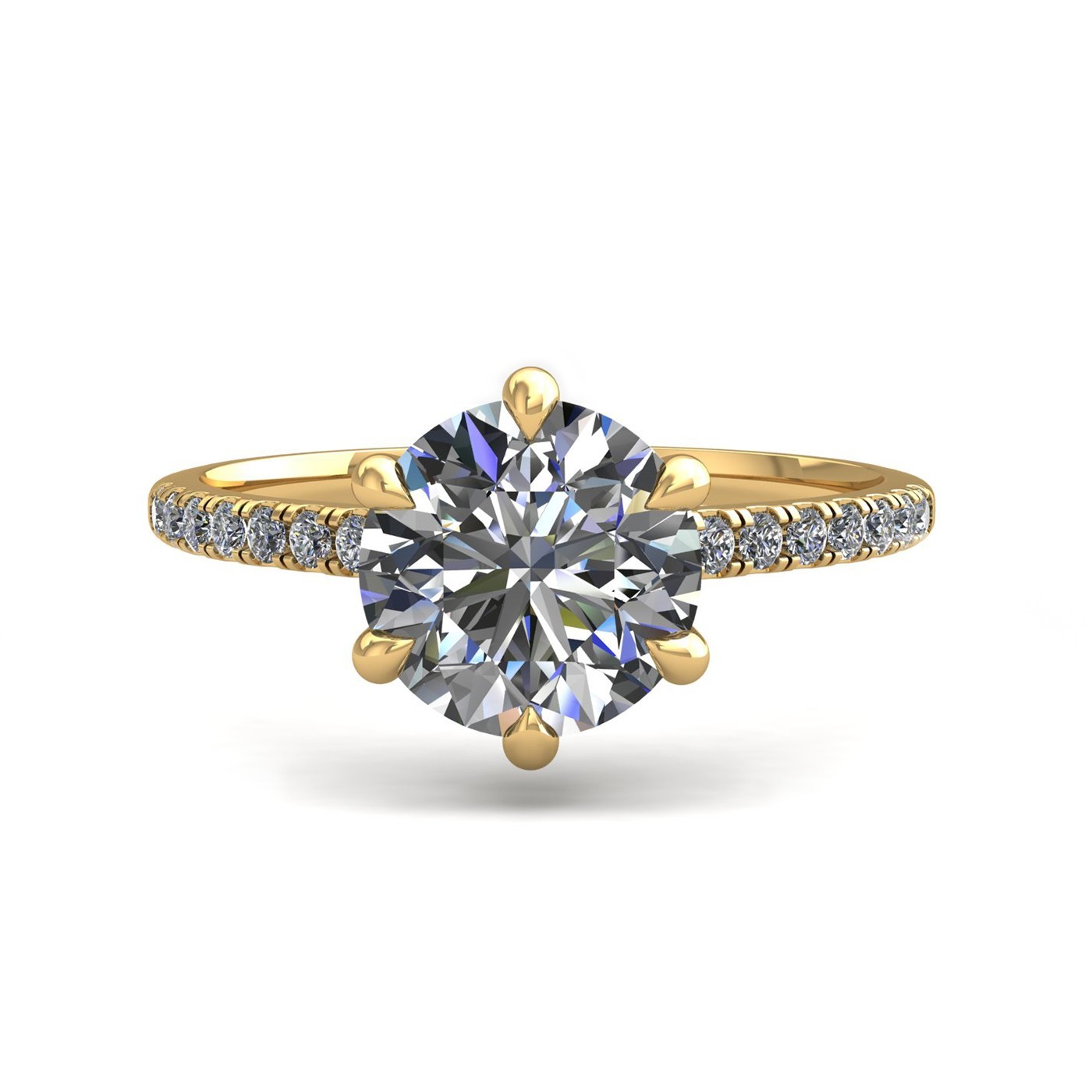 18k yellow gold 2,50 ct 6 prongs round cut diamond engagement ring with whisper thin pavÉ set band Photos & images