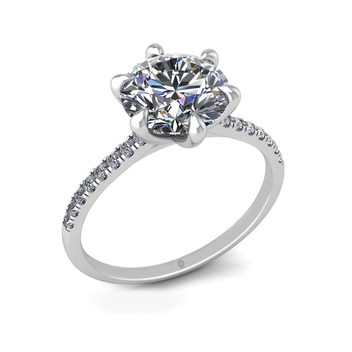 18k white gold 2,00 ct 6 prongs round cut diamond engagement ring with whisper thin pavÉ set band