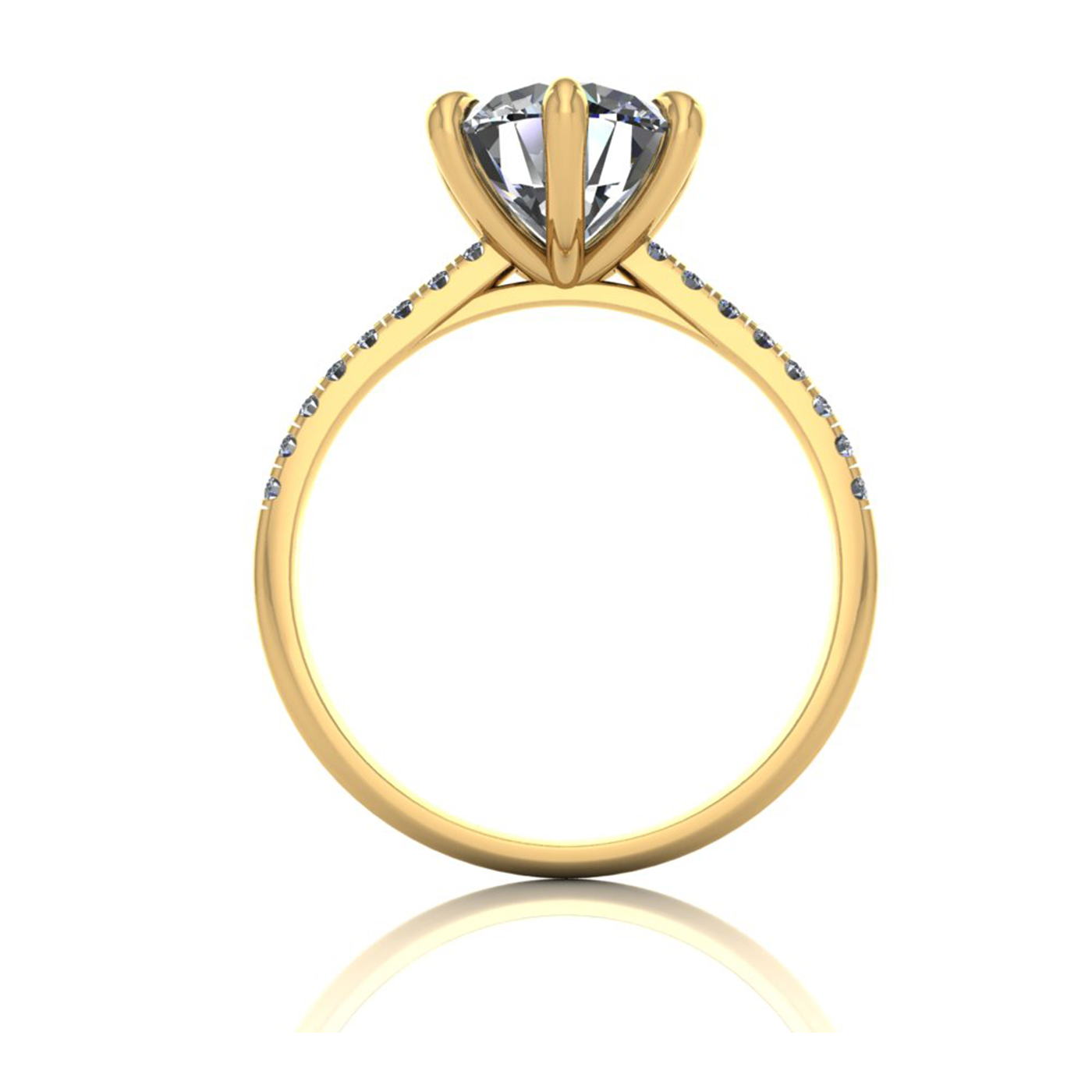18k yellow gold 2,00 ct 6 prongs round cut diamond engagement ring with whisper thin pavÉ set band