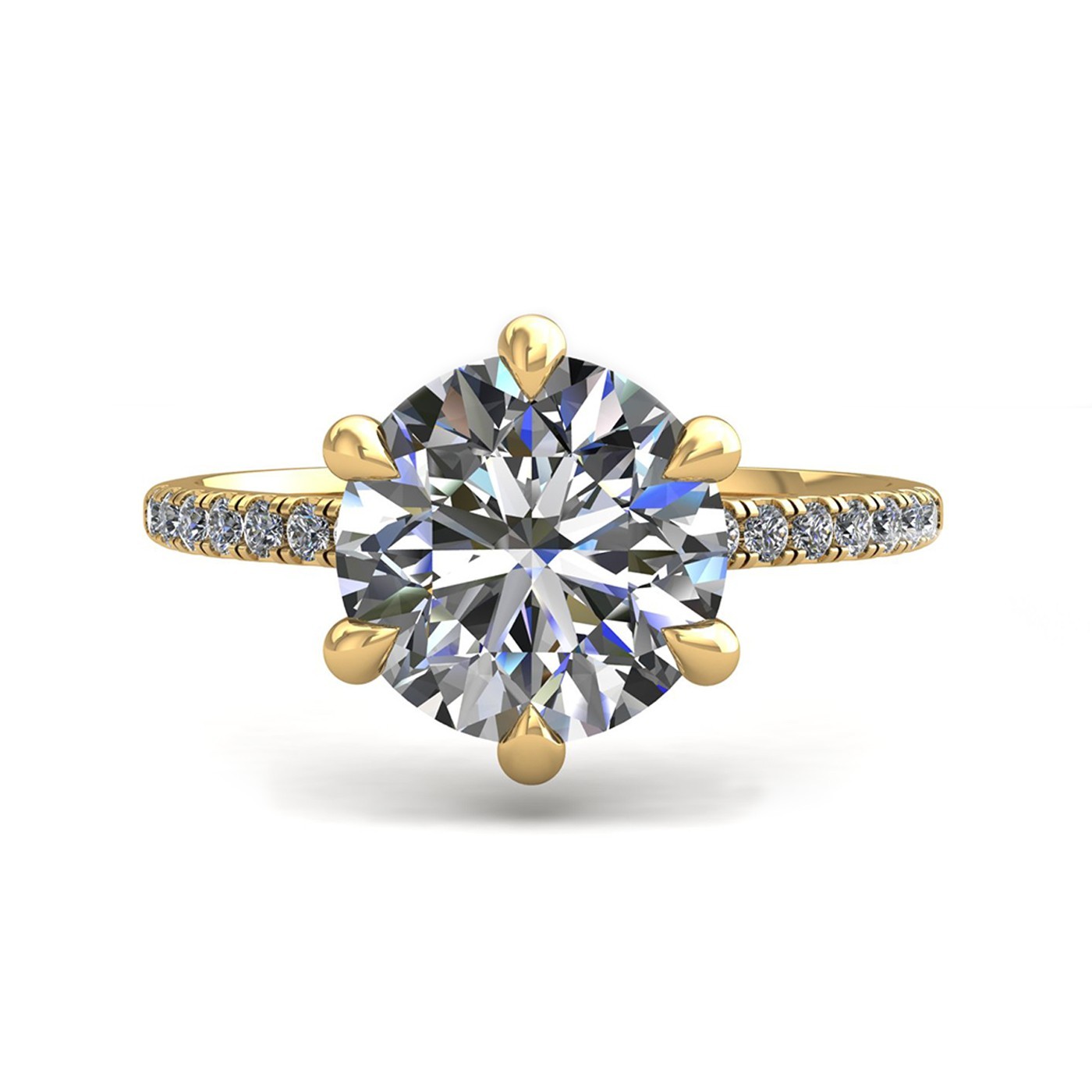 18k yellow gold 2,50 ct 6 prongs round cut diamond engagement ring with whisper thin pavÉ set band Photos & images