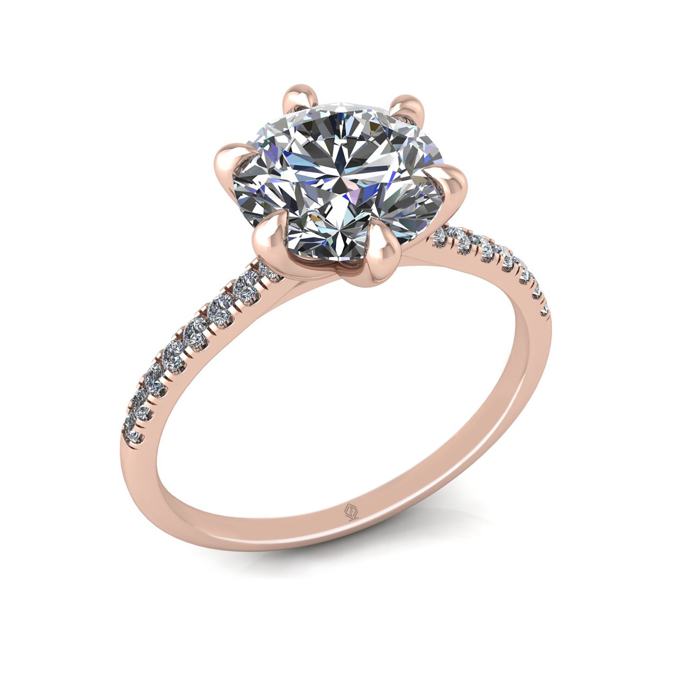 18k rose gold 2,00 ct 6 prongs round cut diamond engagement ring with whisper thin pavÉ set band